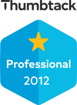 Emally's Construction Blue hexagonal badge with a yellow star and text: "Thumbtack Professional 2012.