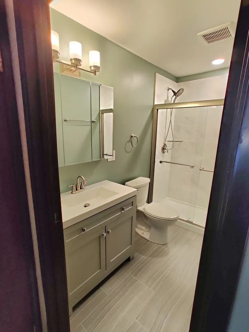 Modern bathroom with a large mirror, a sink with storage, a toilet, and a glass-enclosed shower. Walls are painted green, floor is tiled grey, and lighting is from a three-bulb fixture.